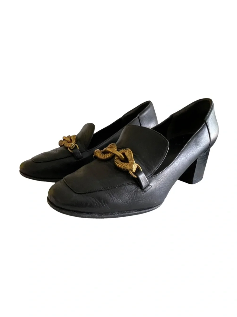 Tory Burch Jessa Black Leather Block Heel Loafers Gold Horsebit Detail Size 8.5